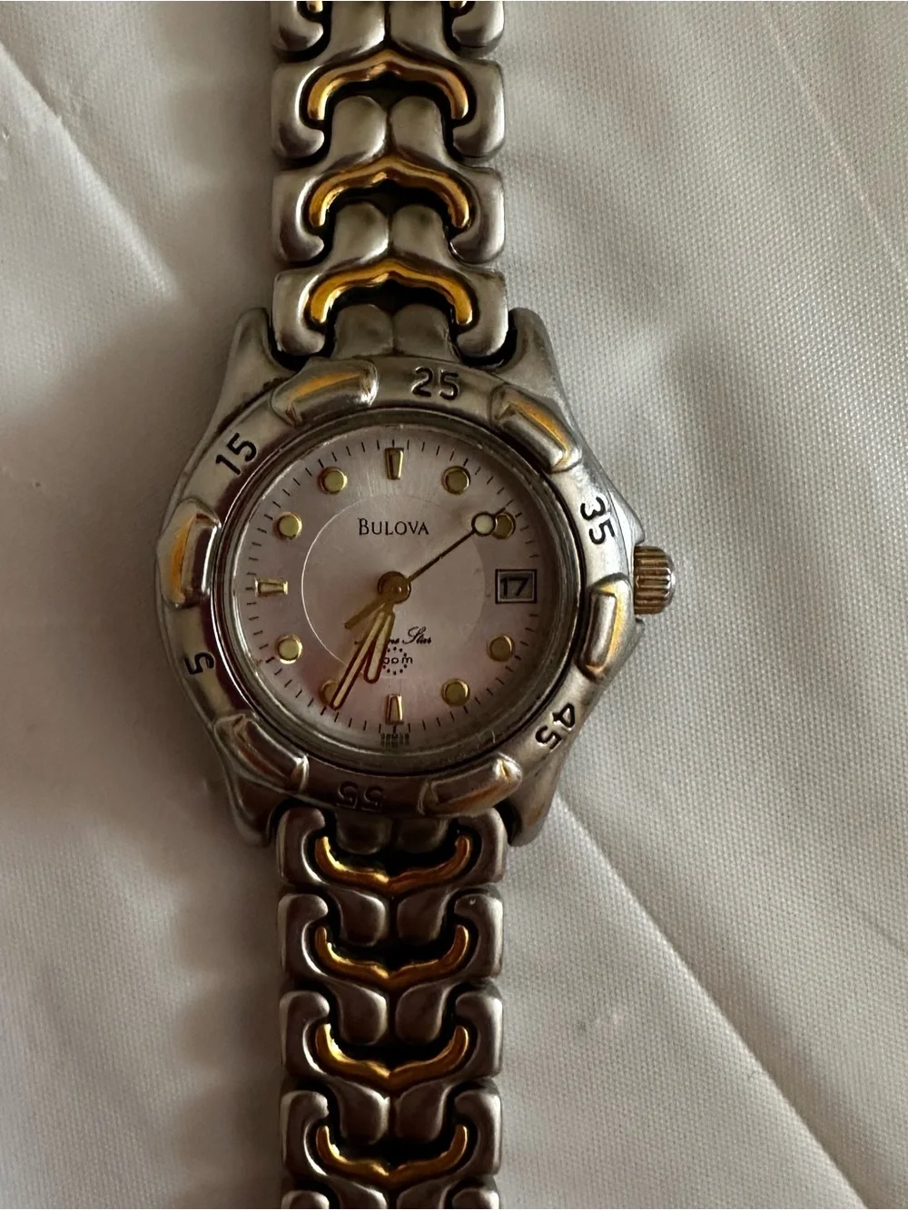 Bulova Pink Dial Two-Tone Silver and Gold Working Bracelet Watch